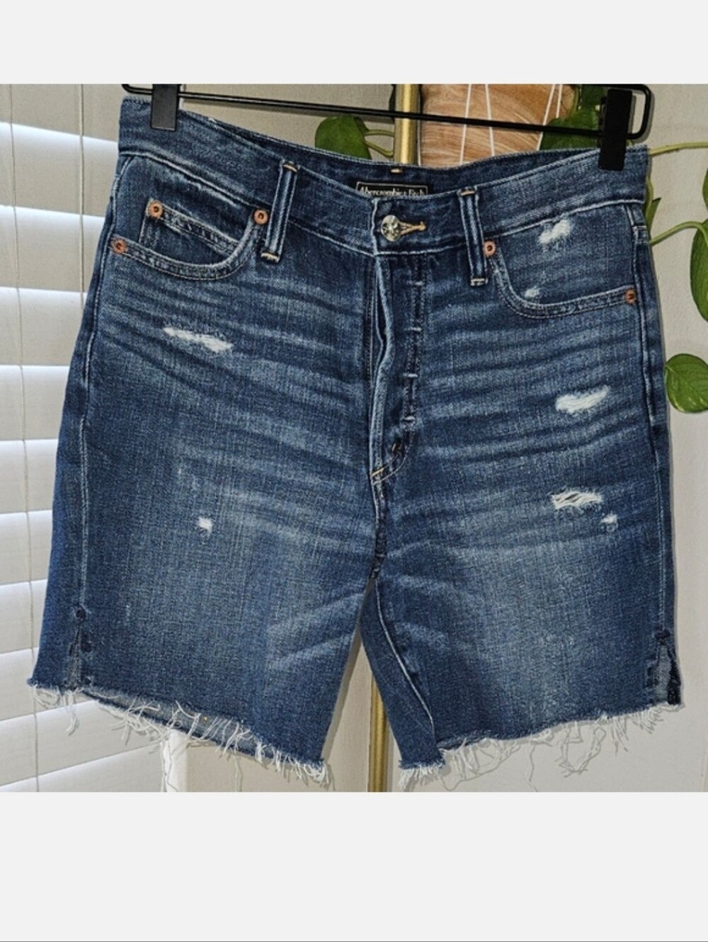 Abercrombie & Fitch Distressed Raw Hem Denim Shorts - Dark Wash Button Fly - 25